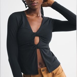 Abercrombie & Fitch Bra-Free Black Twist-Front Long Sleeve Cutout Top